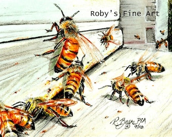 Bee Print "Honeybees On Bee Box" 5 x 7 inch Giclee by Roby Baer PSA