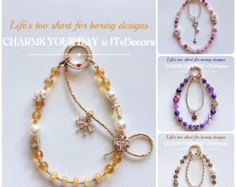 Correa para teléfono con cuentas de cuarzo rosa amatista, cadena para teléfono hecha a mano con gema de cristal natural, pulsera con dije de cuarzo rosa, regalo para ella
