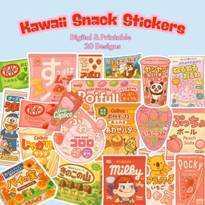 Hoja de aperitivos japoneses (tamaño A4 y carta) / Pegatinas pastel kawaii imprimibles en PDF, PNG y JPEG + Paquete adicional