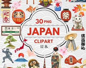 Paquete de imágenes prediseñadas de Japón: 30 PNG con fondo transparente, imprimibles en formato A4.