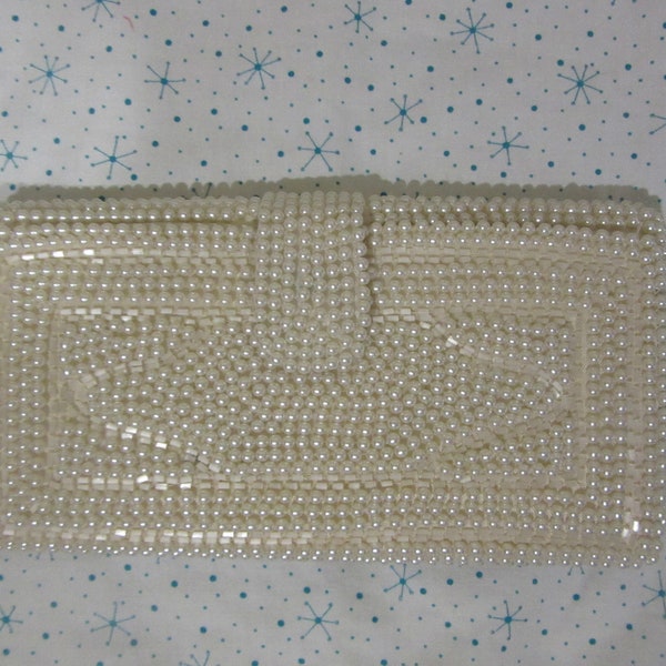 Pin Up Retro 1960's BON SOIR Clutch Purse with Italian White Beads Prom Wedding Excellent Cond