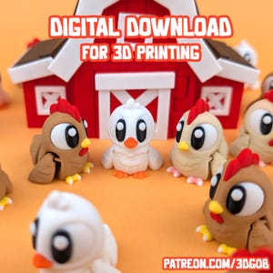 Könnte beinhalten: Eine Sammlung von Cartoon-Hühnchen-Figuren in verschiedenen Farben, darunter Braun, Weiß und Beige, mit roten Kämmen und orangefarbenen Schnäbeln. Die Figuren sind vor einem roten Scheunenmodell angeordnet. Der Text "DIGITALER DOWNLOAD FÜR 3D-DRUCK" ist enthalten.