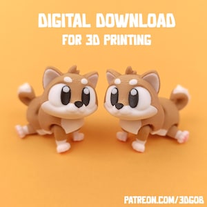 Könnte beinhalten: Zwei 3D-gedruckte Figuren von Hunden in Braun und Weiß mit großen Augen und schwarzen Nasen. Die Hunde sitzen und schauen sich an. Der Hintergrund ist hellorange. Der Text "DIGITAL DOWNLOAD FOR 3D PRINTING" befindet sich oben im Bild. Der Text "PATREON.COM/3DGOB" befindet sich unten im Bild.