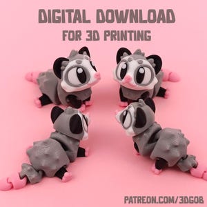 Puede incluir: Cuatro figuritas de planeo de azúcar impresas en 3D en varias poses. Las figuritas son grises con marcas blancas y acentos rosados. Las figuritas están sobre un fondo rosa. El texto "DESCARGA DIGITAL PARA IMPRESIÓN 3D" está en la parte superior de la imagen. El texto "PATREON.COM/3DGOB" está en la parte inferior de la imagen.