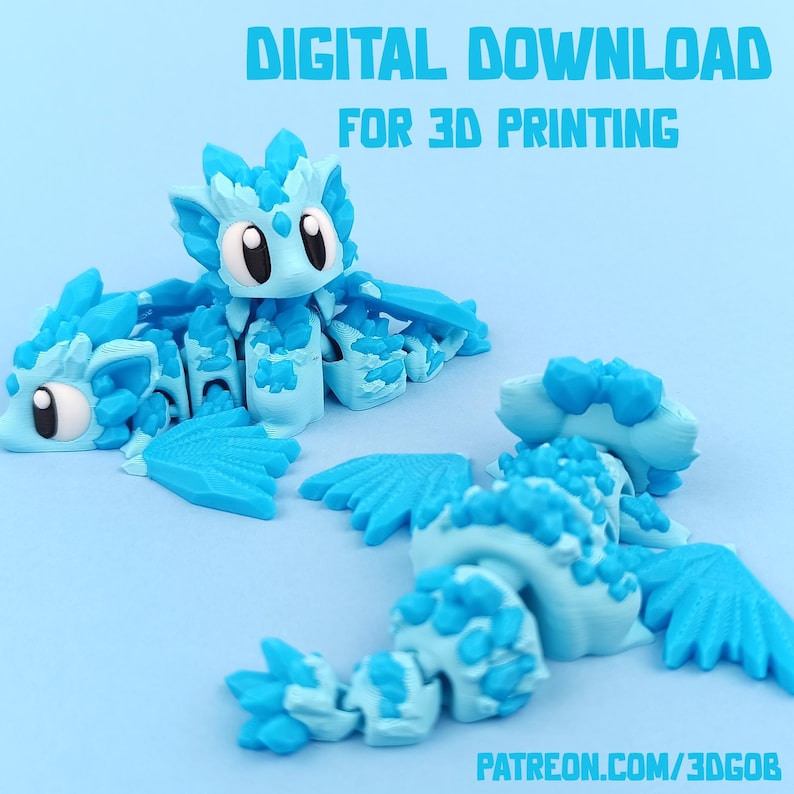 May include: A 3D printed model of a blue crystal dragon, posed in two different positions. The dragon is made up of multiple pieces, and the model is available for digital download for 3D printing. The text "DIGITAL DOWNLOAD FOR 3D PRINTING" is displayed at the top of the image. The text "PATREON.COM/3DGOB" is displayed at the bottom of the image.