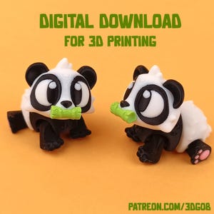 May include: Two 3D printed black and white panda figurines holding green bamboo sticks. The pandas have large eyes and are sitting on a light orange surface. The text "DIGITAL DOWNLOAD FOR 3D PRINTING" is at the top of the image. The text "PATREON.COM/3DGOB" is at the bottom of the image.