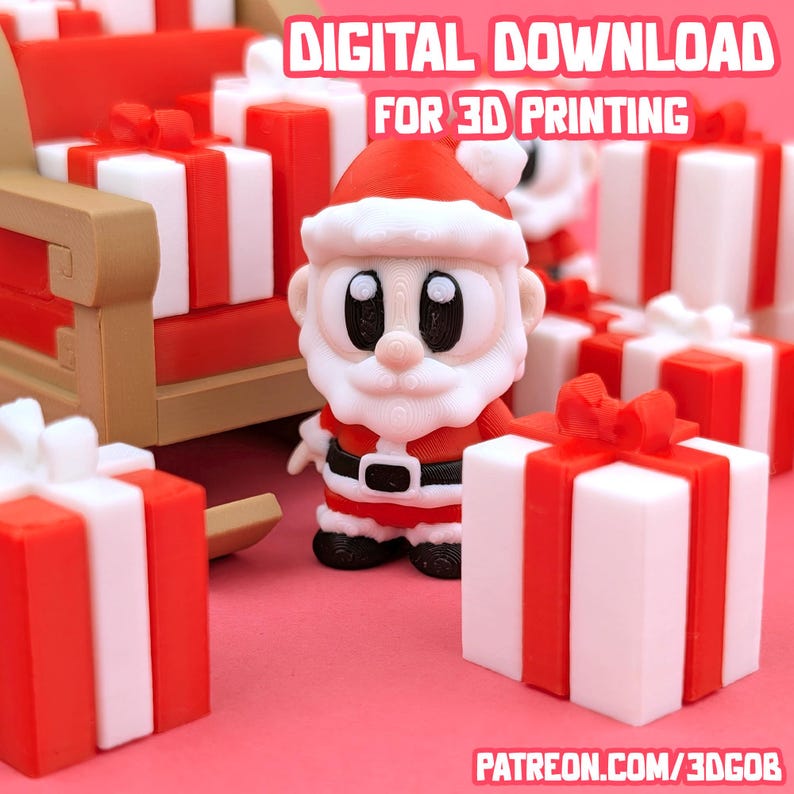 May include: A 3D-printed Santa Claus figurine with a red and white outfit, surrounded by red and white gift boxes tied with red ribbons. The image includes the text "DIGITAL DOWNLOAD FOR 3D PRINTING" and "PATREON.COM/3DGOB".