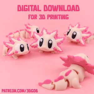 May include: Four pink and white axolotl figurines with large eyes and a cute expression. The figurines are posed in different positions and are ready to be 3D printed. DIGITAL DOWNLOAD FOR 3D PRINTING PATREON.COM/3DGOB