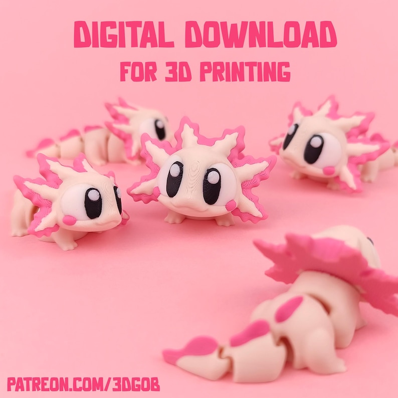 May include: Four pink and white axolotl figurines with large eyes and a cute expression. The figurines are posed in different positions and are ready to be 3D printed. DIGITAL DOWNLOAD FOR 3D PRINTING PATREON.COM/3DGOB
