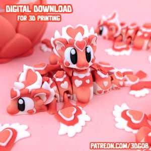 May include: A coral and white 3D-printed dragon figurine with heart details. The text "DIGITAL DOWNLOAD FOR 3D PRINTING" is at the top, and "PATREON.COM/3DGOB" is at the bottom. The dragon is displayed on a pink surface, showcasing its articulated design.