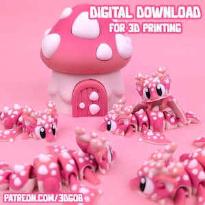 May include: A pink and white mushroom house and several pink and white dragon-like creatures. The text "DIGITAL DOWNLOAD FOR 3D PRINTING" is at the top. The text "PATREON.COM/3DGOB" is at the bottom.