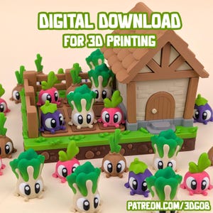 Op de afbeelding: Een kleurrijke 3D-geprinte miniatuurboerderijscène met cartoon-achtige groenten en een klein huis. De groenten omvatten radijsjes, aubergines en rapen. De tekst "DIGITALE DOWNLOAD VOOR 3D PRINTEN" staat bovenaan.