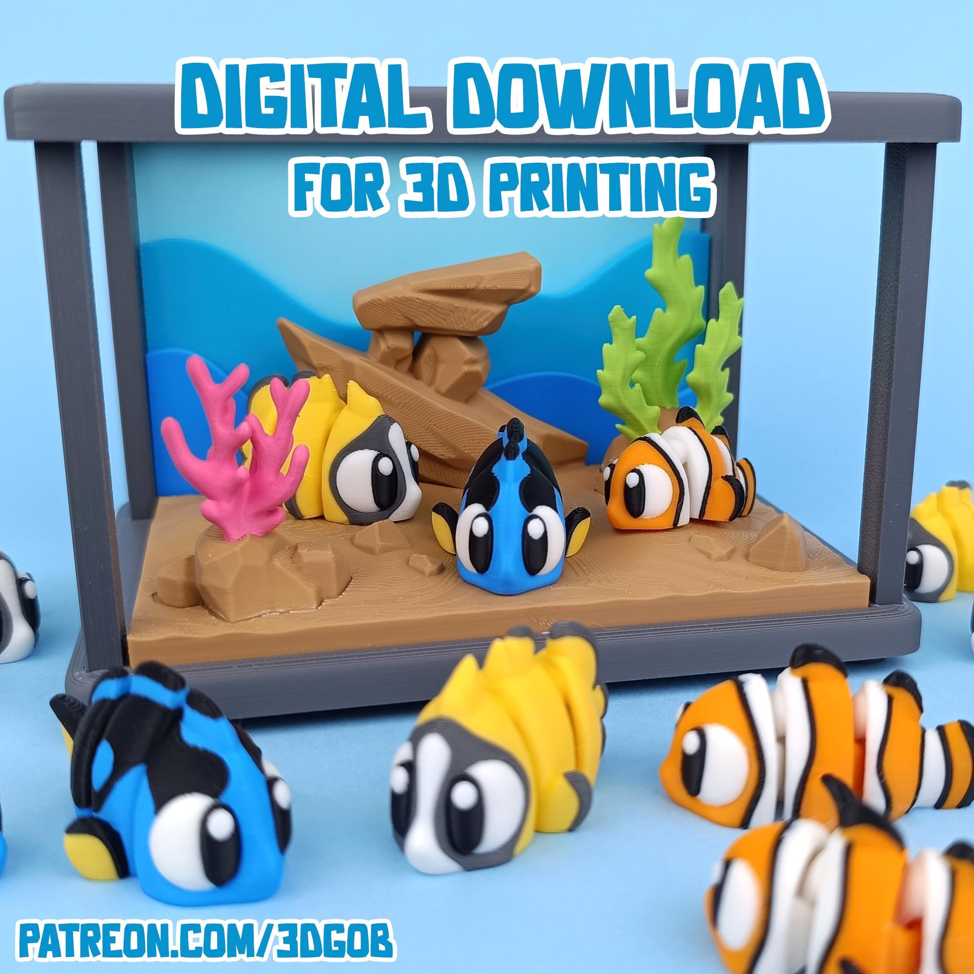 Cute Flexi Tropical Fish + Fishtank STL & 3MF file for 3D printing. Articulated, Print in place, Flexi Fidget Toy