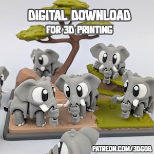 May include: A collection of gray 3D-printed elephant figurines with large white eyes and tusks, arranged on a miniature landscape with a tree and green terrain. The text "DIGITAL DOWNLOAD FOR 3D PRINTING" is displayed at the top.