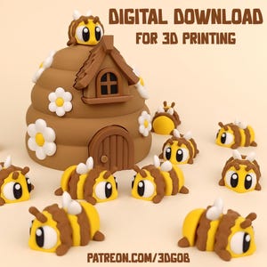 Puede incluir: Una colmena impresa en 3D con una pequeña casa en la parte superior y varias abejas que la rodean. La colmena es marrón con flores de margarita blancas. Las abejas son amarillas y marrones con ojos negros. El texto "DESCARGA DIGITAL PARA IMPRESIÓN 3D" está en la parte superior de la imagen. El texto "PATREON.COM/3DGOB" está en la parte inferior de la imagen.