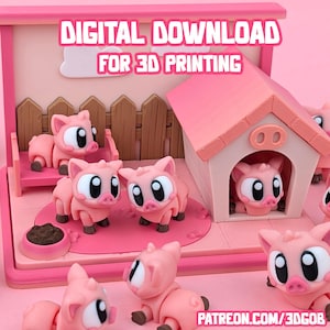 Peut inclure: Une scène de porcelets roses imprimée en 3D, avec plusieurs porcelets, une maison de porc et une clôture. Le texte "DIGITAL DOWNLOAD FOR 3D PRINTING" est en haut. La scène est posée sur une surface rose.