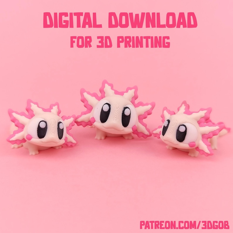 May include: Three 3D printed axolotl figurines, each with pink and white details. The axolotls have large, black eyes and are posed in a playful manner. The figurines are on a pink background. Digital download for 3D printing.