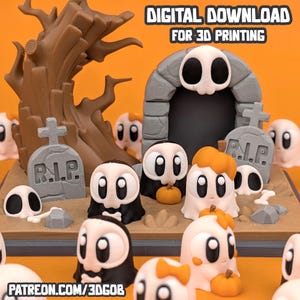 May include: A 3D-printed Halloween model with ghost figures, skull faces, tombstones, and an archway. The model includes the text "DIGITAL DOWNLOAD FOR 3D PRINTING" and "PATREON.COM/3DGOB". The color scheme features orange, grey, brown, black, and white.