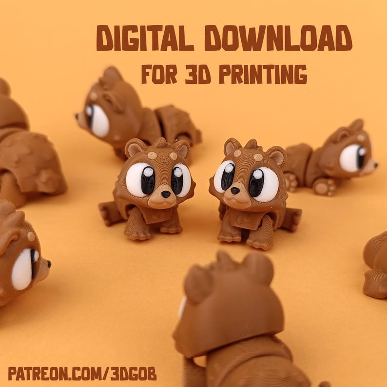 May include: Digital download for 3D printing of brown bear figurines. The bears have large eyes and are posed in various positions. The text "PATREON.COM/3DGOB" is at the bottom of the image.