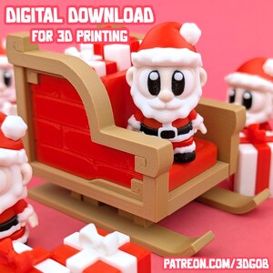 May include: A 3D-printed Santa Claus figure in a red and gold sleigh, with a red seat and white gifts. The figure wears a red suit, black belt, and white beard. Text reads "DIGITAL DOWNLOAD FOR 3D PRINTING" and "PATREON.COM/3DGO8".