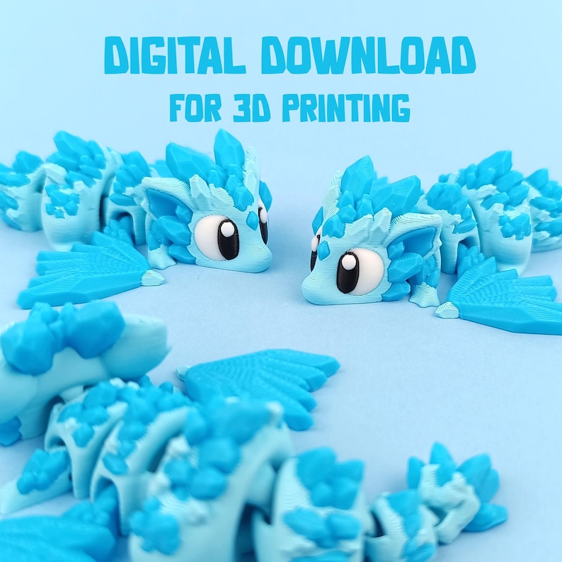 May include: Three blue 3D printed crystal dragon figurines. The dragons are posed in different positions, with one looking directly at the camera. The text "DIGITAL DOWNLOAD FOR 3D PRINTING" is displayed at the top of the image.