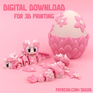 May include: A pink 3D printed dragon model in various poses, including a curled-up position. The dragon has a white egg-shaped head with pink flower accents. The text "DIGITAL DOWNLOAD FOR 3D PRINTING" is at the top of the image.