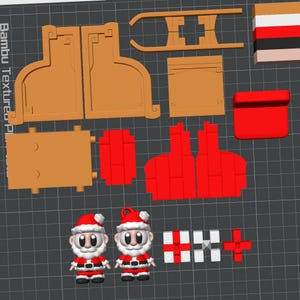 May include: An assortment of 3D-printed Christmas-themed objects, including a sleigh, Santa Claus figures, and gift boxes. The Santa figures are red and white, with black belts. The sleigh and other components are tan and red.