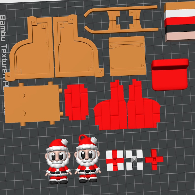 May include: An assortment of 3D-printed Christmas-themed objects, including a sleigh, Santa Claus figures, and gift boxes. The Santa figures are red and white, with black belts. The sleigh and other components are tan and red.