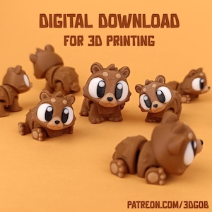 May include: Digital download files for 3D printing of brown bear figurines. The bears have large eyes and are posed in various positions.