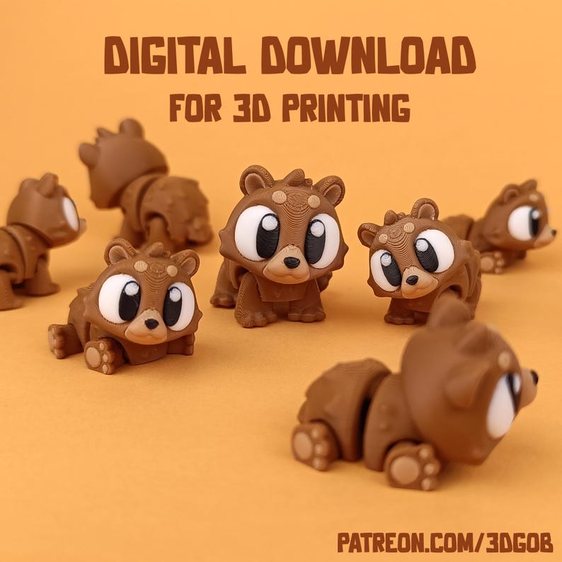 May include: Digital download files for 3D printing of brown bear figurines. The bears have large eyes and are posed in various positions.