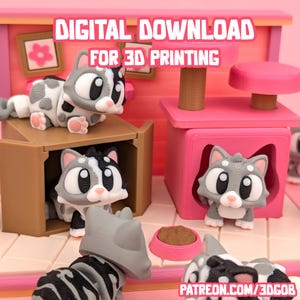 Puede incluir: Una casa para gatos rosa y marrón con varias figuras de gatos grises, blancos y negros. El texto "DESCARGA DIGITAL PARA IMPRESIÓN 3D" está en la parte superior de la imagen. El sitio web "PATREON.COM/3DGOB" está en la parte inferior.