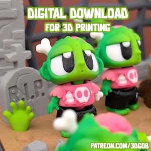 May include: 3D-printed zombie figurines with green heads, white bone accents, and pink shirts featuring skull designs. The image includes the text "DIGITAL DOWNLOAD FOR 3D PRINTING" and a tombstone prop.