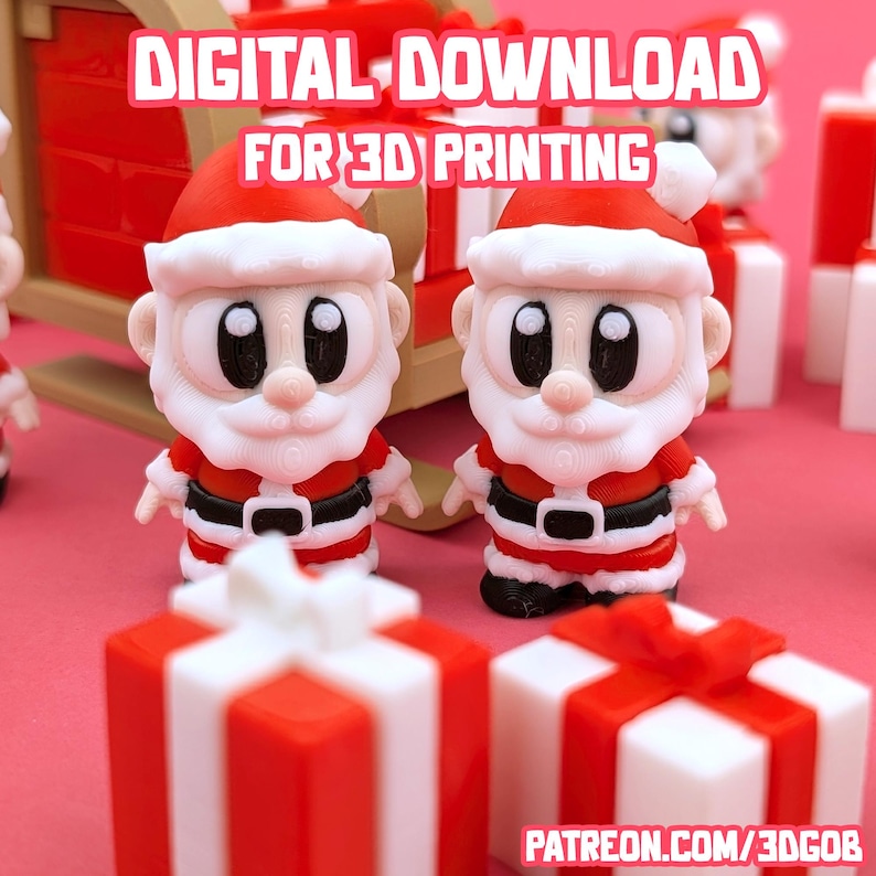 May include: A festive image featuring miniature Santa Claus figurines and gift boxes. The Santa figures are dressed in red and white suits with black belts. The gift boxes are red and white with red ribbons. The text "DIGITAL DOWNLOAD FOR 3D PRINTING" is displayed at the top.