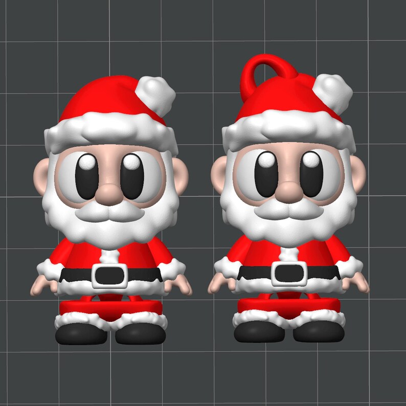 May include: Two cartoon Santa Claus figures. Each figure is wearing a red suit with a black belt and boots, a white beard, and a red hat with white trim. The figures have large, oval eyes and a smiling expression. The background is a gray grid.