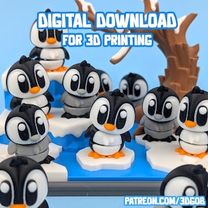 Può includere: Una collezione di statuette di pinguini stampate in 3D in bianco, nero e grigio, con becchi e piedi arancioni, disposte su una base blu e bianca. L'immagine include il testo "DOWNLOAD DIGITALE PER LA STAMPA 3D" e "PATREON.COM/3DGO8".