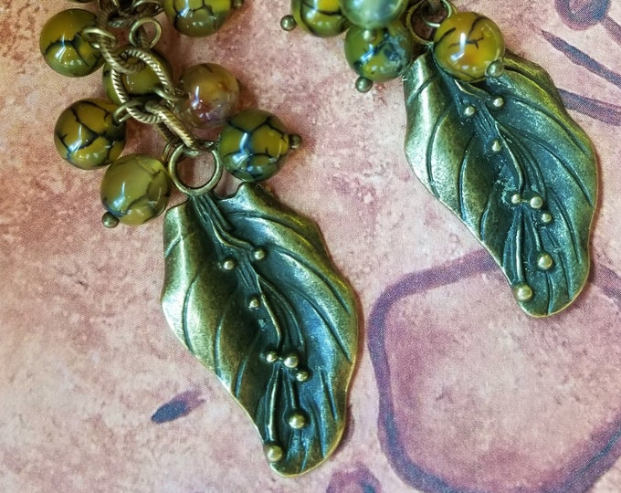 Dragon Vein Agate Antique Gold Leaf Earrings