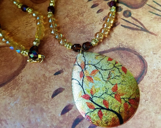 Painted Fall Colors Gold pendant and Beaded Necklace