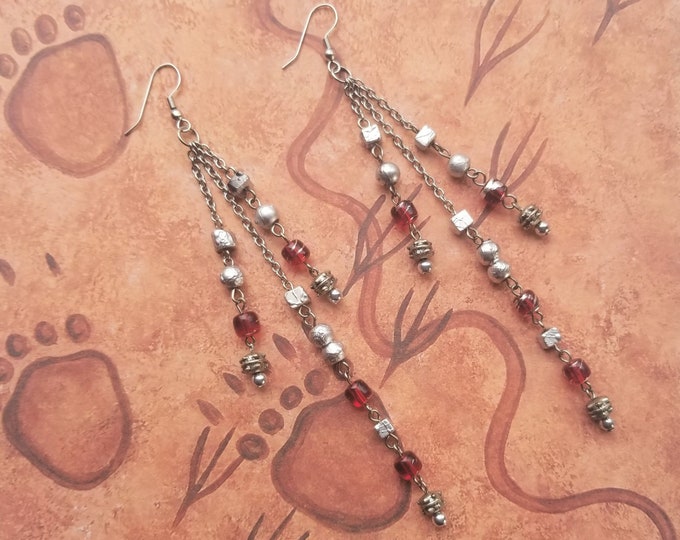 Red and Silver Beaded Drop Earrings