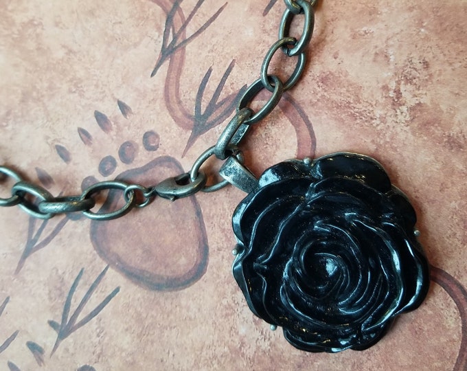 Large Black Rose and Muted Silver Chain Chunky Necklace