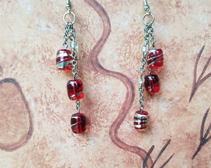 Silver and Red Beaded Earrrings