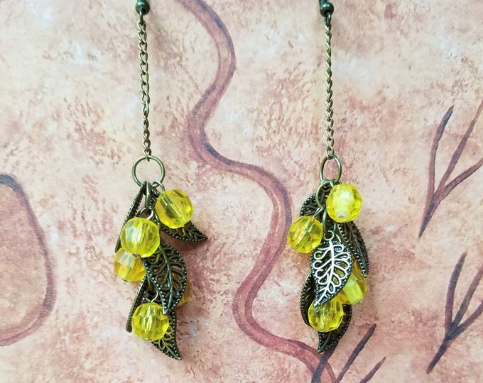 Yellow Bead and Antique Gold Leaf Cluster Earrings