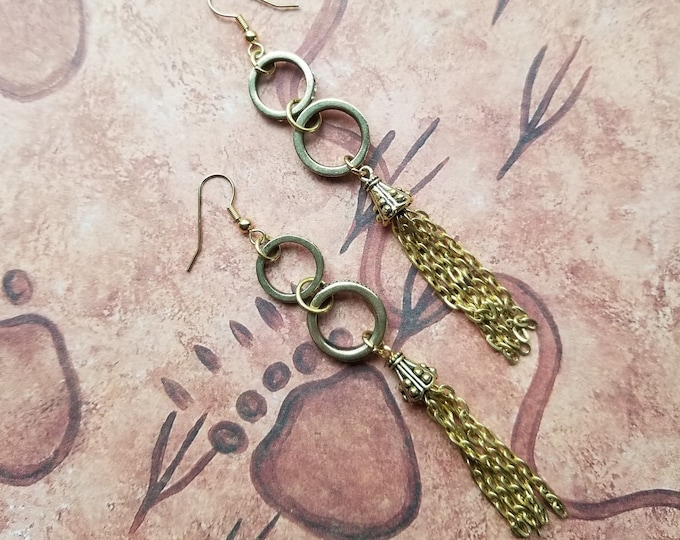 Gold Hoop and Chain Tassel Earrings