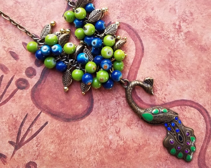 Blue and Green Beaded Peacock Cluster Necklace
