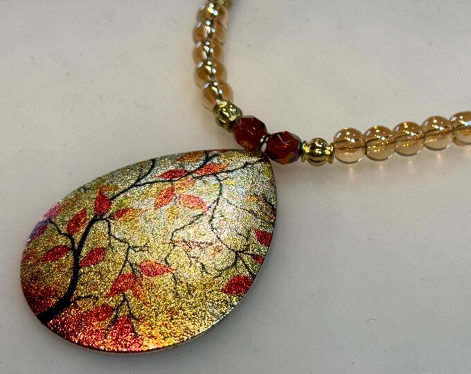 Painted Fall Colors Gold pendant and Beaded Necklace
