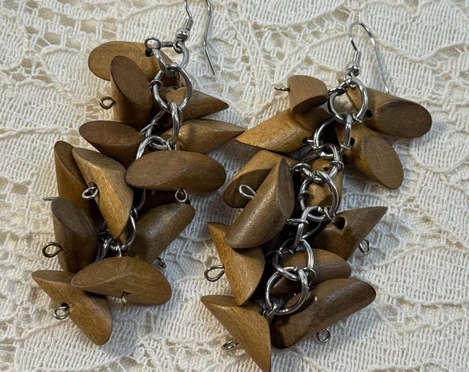 Rustic Wood Dangle/Cluster Earrings – Natural Geometric Statement Jewelry