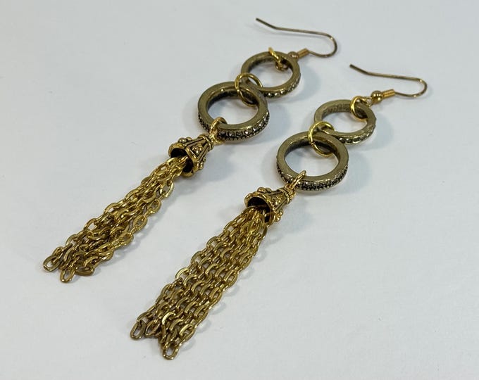 Gold Dangle Chain Earrings – Vintage Style Tassel Earrings with Textured Hoops – Long Boho Statement Earrings