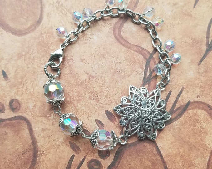 Silver Flower and Beaded Bracelet