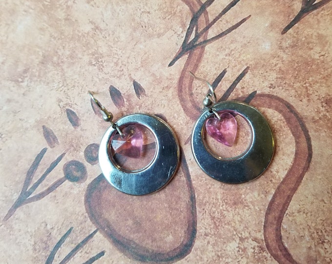 Pink Heart and Silver Hoop Earrings