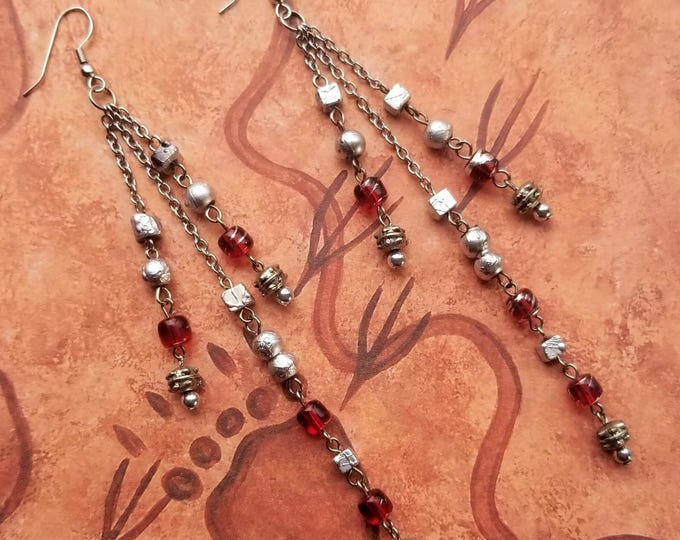 Red and Silver Beaded Drop Earrings