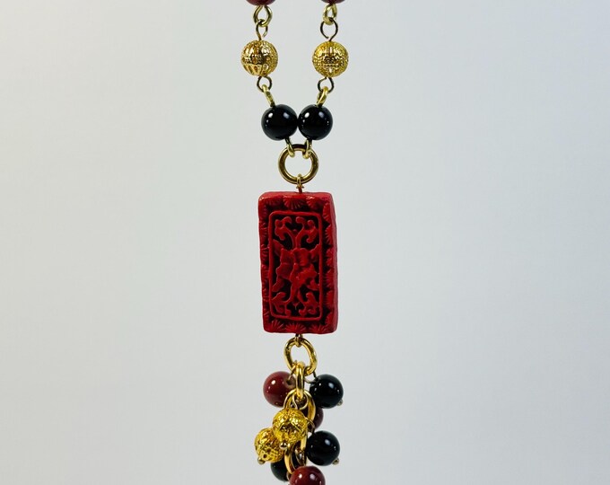 Elegant Carved Red Flower Pendant Necklace with Gold and Beaded Accents | Statement Boho Jewelry | Oriental-Inspired Pendant Necklace